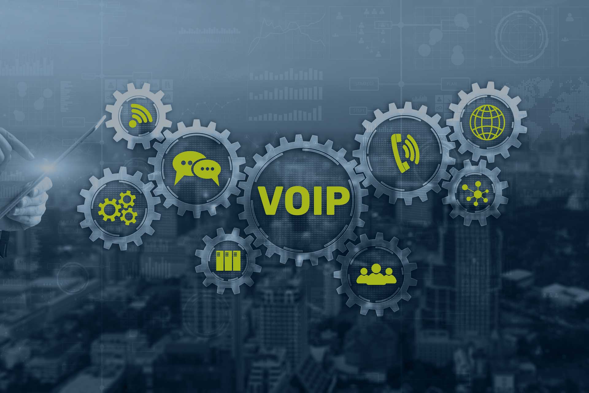 Digital image of cogs with the word VoIP in and some icons