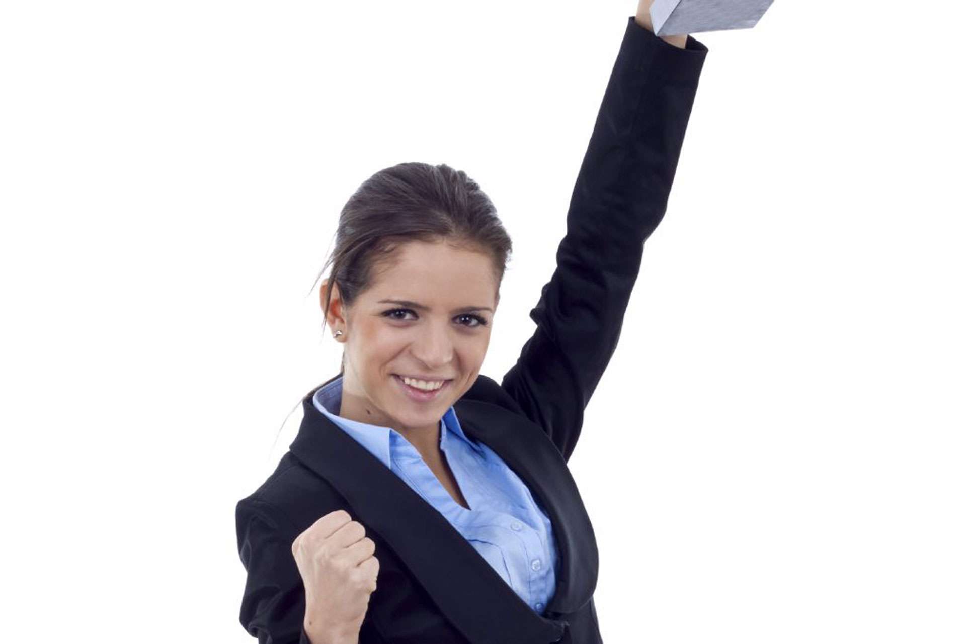 Photo of a lady isolated raising her left arm cheering